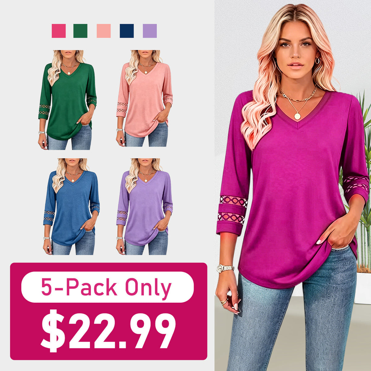 Summer Sale👗Womens 3/4 Length Sleeve Tops Trendy V Neck T Shirts