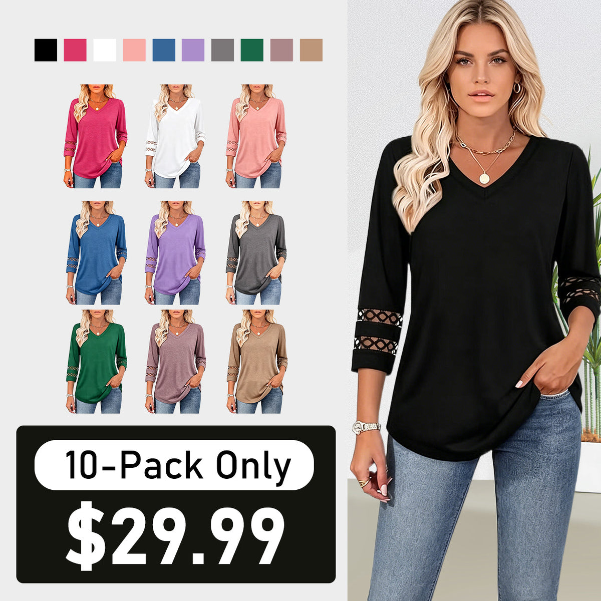 Summer Sale👗Womens 3/4 Length Sleeve Tops Trendy V Neck T Shirts