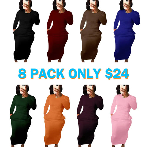 Women's Solid Pocket Long Sleeve Bodycon Dress