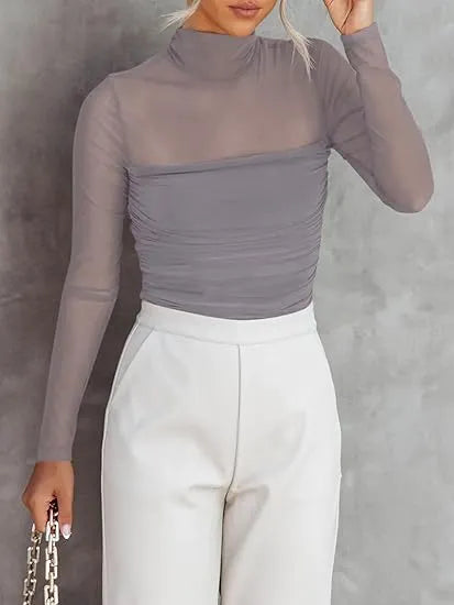 Women’s Long Sleeve Sheer Mesh Ruched Going Out Bodysuits Tops