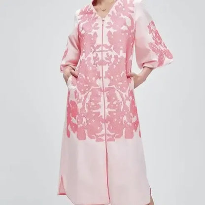 Women Casual V-Neck Mid Dress Floral Embroidery 3/4 Sleeves