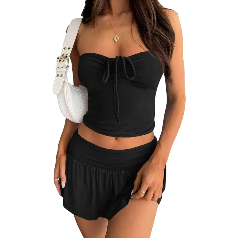 Womens 2 Piece Summer Outfits Y2k Crop Tube Tops and Pleated Mini Skirts Beach Sets