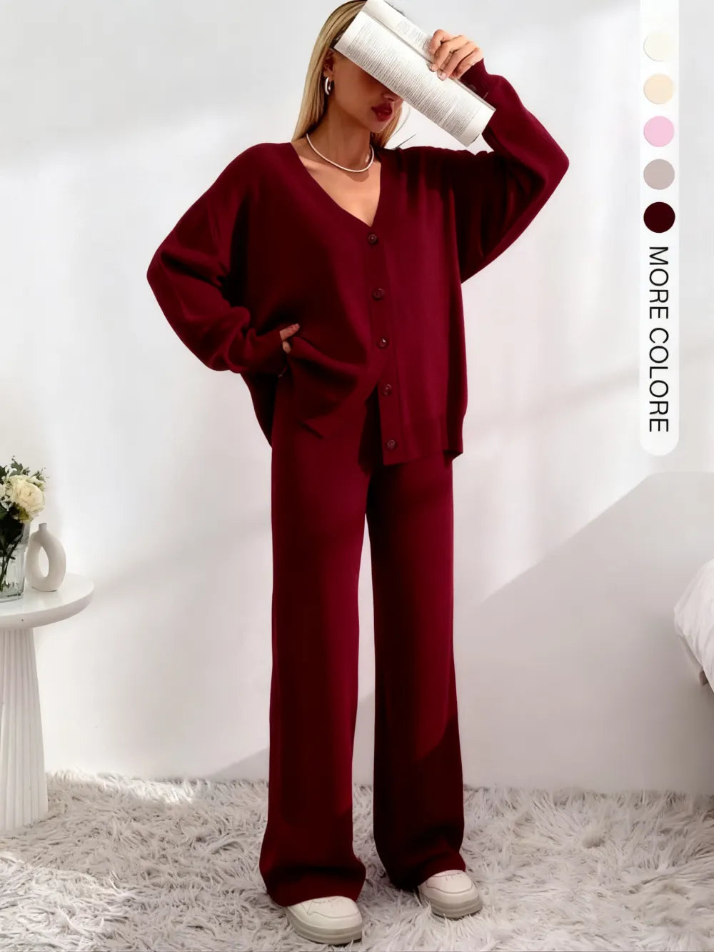 Women's Solid V Neck Cardigan & Elastic Waist Wide Leg Pants Two-piece Set
