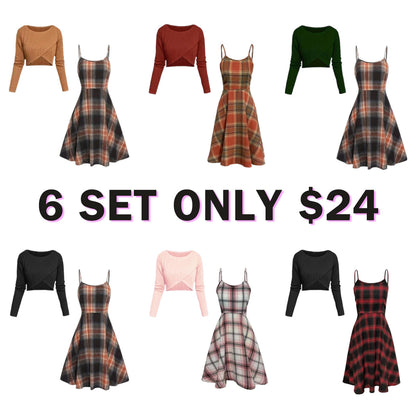 Women's Long Sleeve Crop Top & Plaid Print A-Line Dress Set
