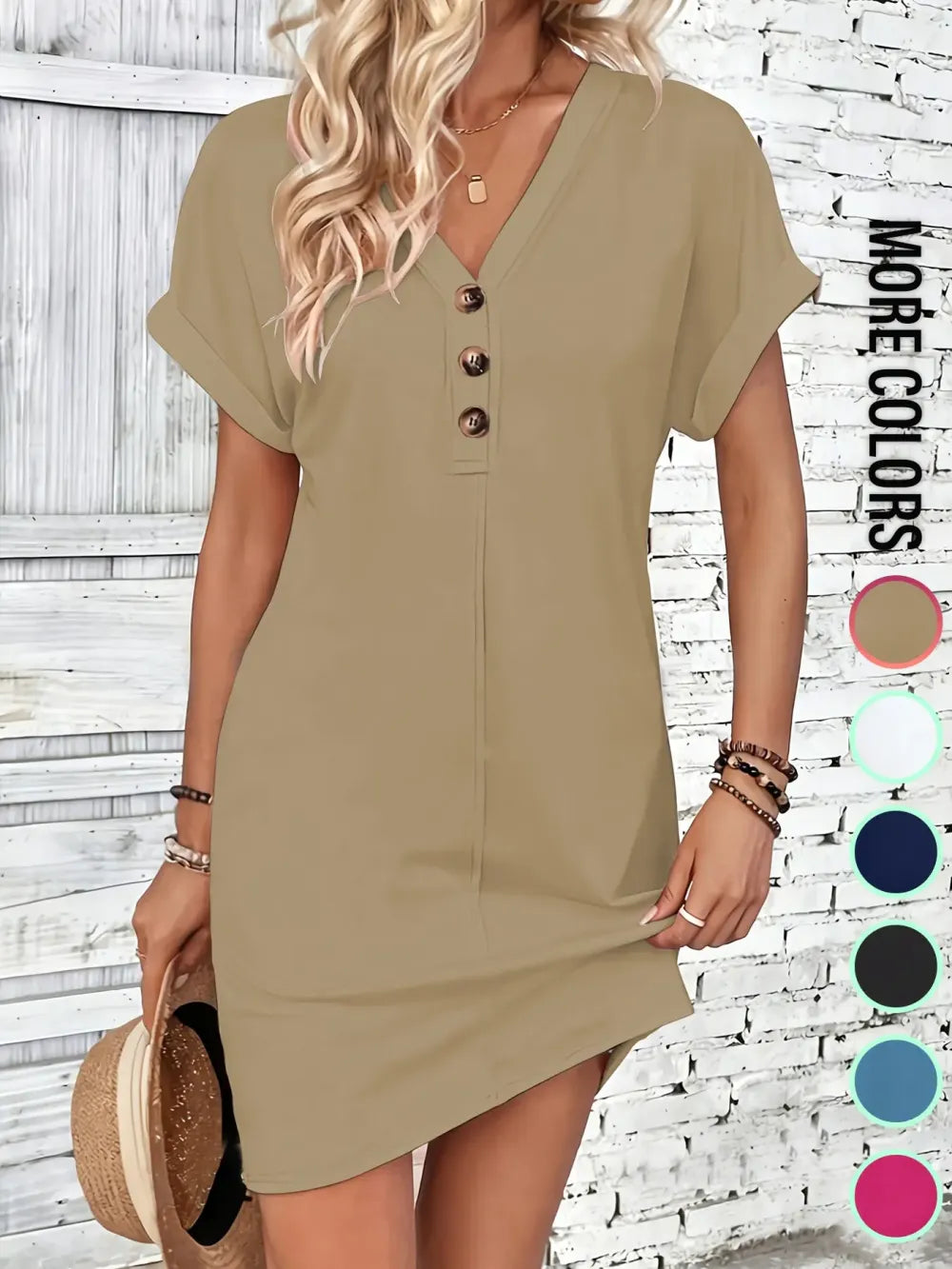 Women's Plain Button V Neck Tee Dress