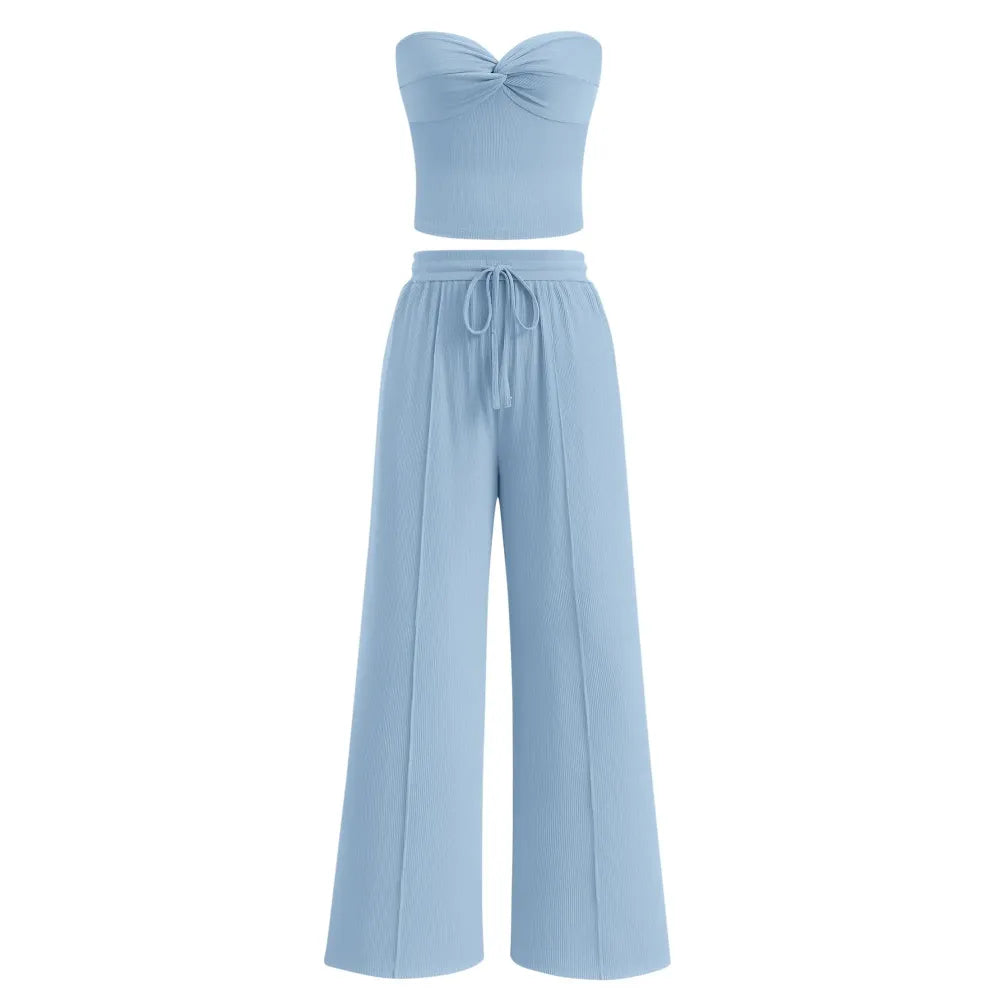 Women Summer Ribbed Strapless Twist Knot Tube Top Pants Set
