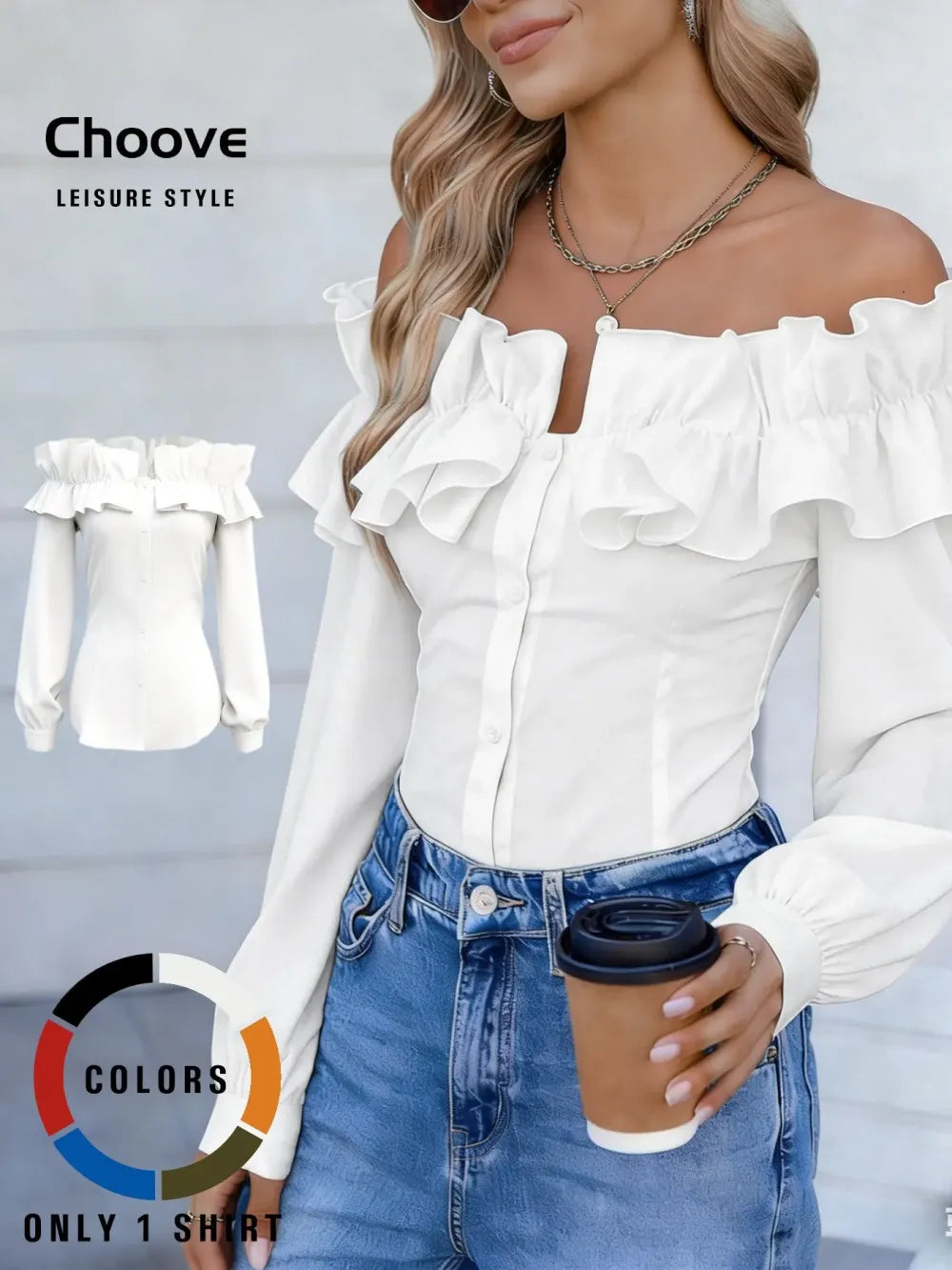 Women's Long Sleeve One Shoulder Ruffle Slim Fit Shirt Blouse