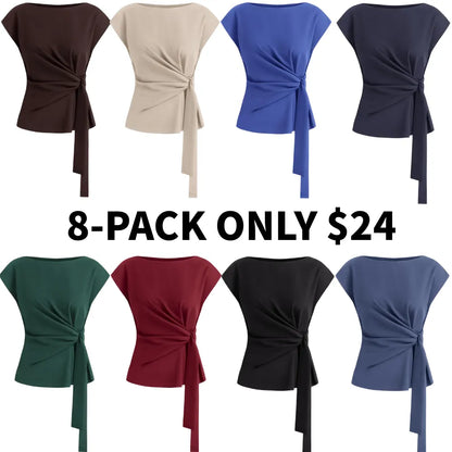 Womens Tops  Cap Sleeve Crew Neck Tie Waist Blouses