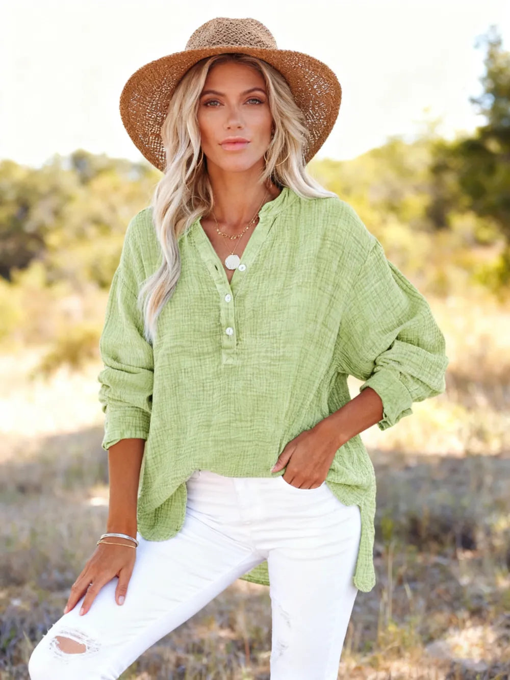Women's Casual Button V Neck Long Sleeve Shirts