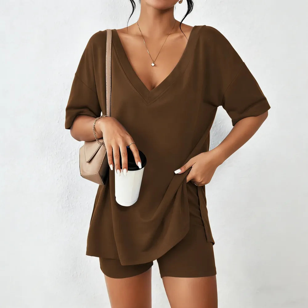 Women's Two-Piece Pajama Set Casual Oversized V Neck Split Hem Shirts