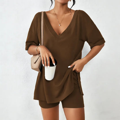 Women's Two-Piece Pajama Set Casual Oversized V Neck Split Hem Shirts