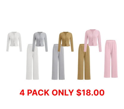 Two-piece Set Women's Solid Button Front Ribbed Crop Top & Elastic Waist Pants