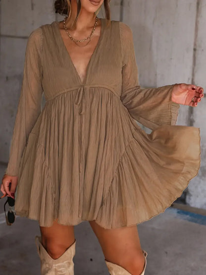 Women's V Neck Long Sleeve Dress with Pants Lining