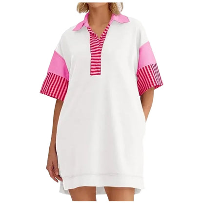 V Neck Summer Color Block Short Sleeve Mini Dress
