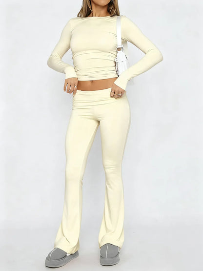 Women's Solid Long Sleeve Crop Tee & Flare Leg Skinny Pants Loungewear Set