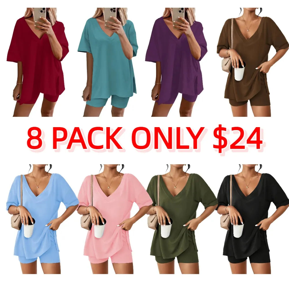 Women's Two-Piece Pajama Set Casual Oversized V Neck Split Hem Shirts