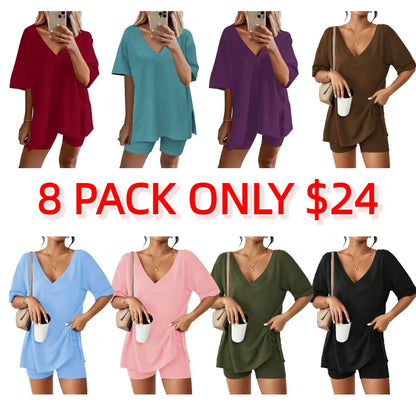 Women's Two-Piece Pajama Set Casual Oversized V Neck Split Hem Shirts