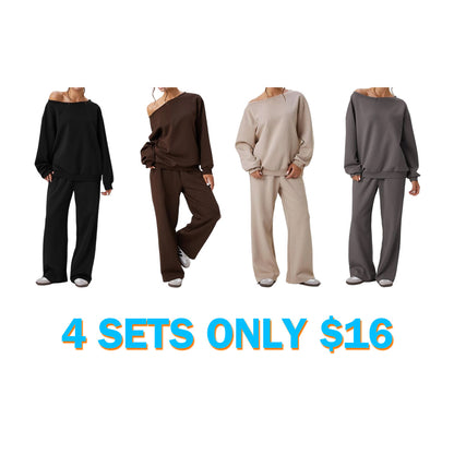 Women's Leisure Solid Color Sloping Shoulder Long Sleeve Top & Wide Leg Trousers Co-ord