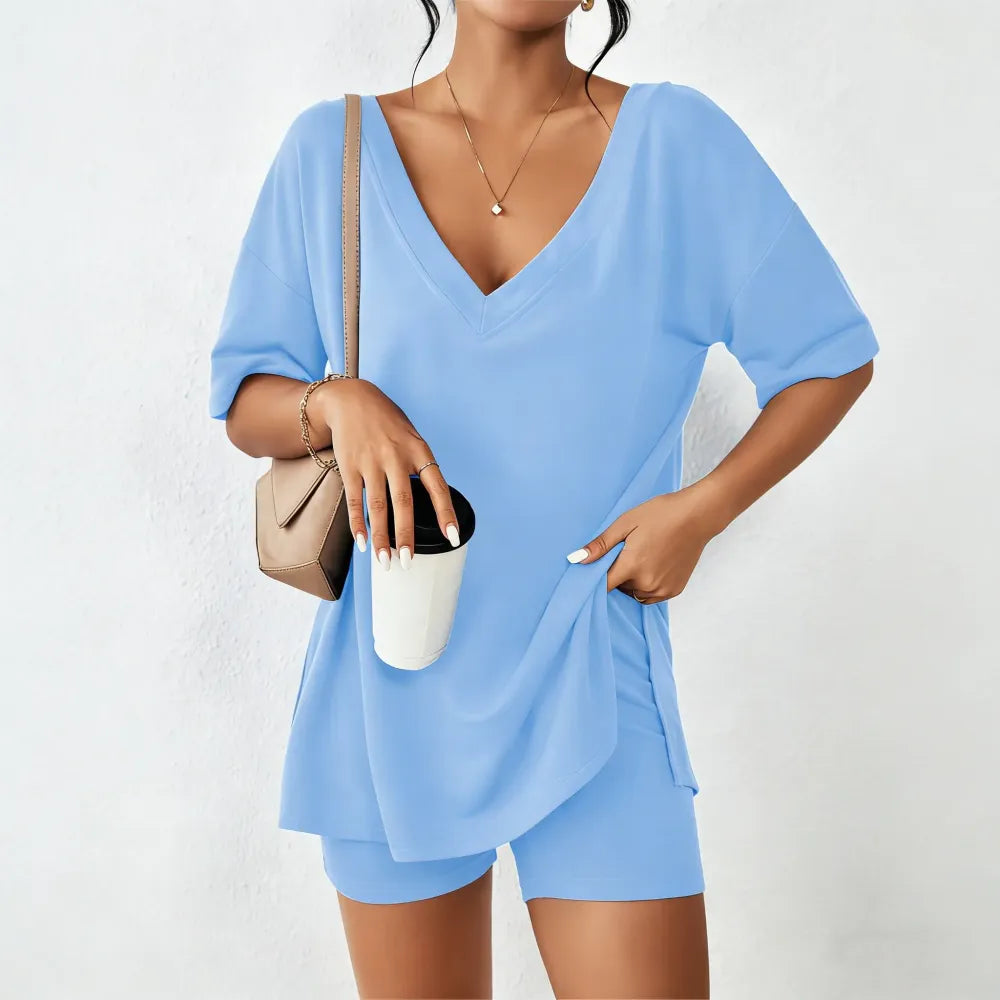 Women's Two-Piece Pajama Set Casual Oversized V Neck Split Hem Shirts
