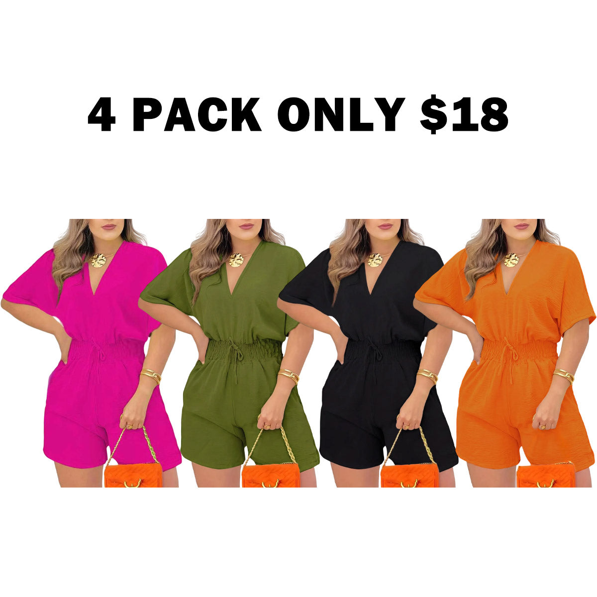 Women's Plain Drawstring Shirred Waist Fitted V Neck Romper