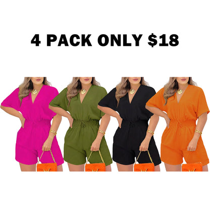 Women's Plain Drawstring Shirred Waist Fitted V Neck Romper