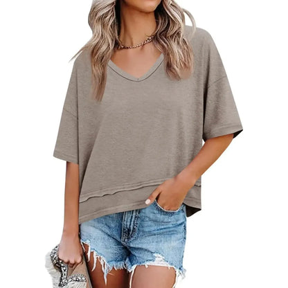 Womens Summer V Neck T Shirts Casual Short Sleeve Flowy Tops Cute Loose Fit