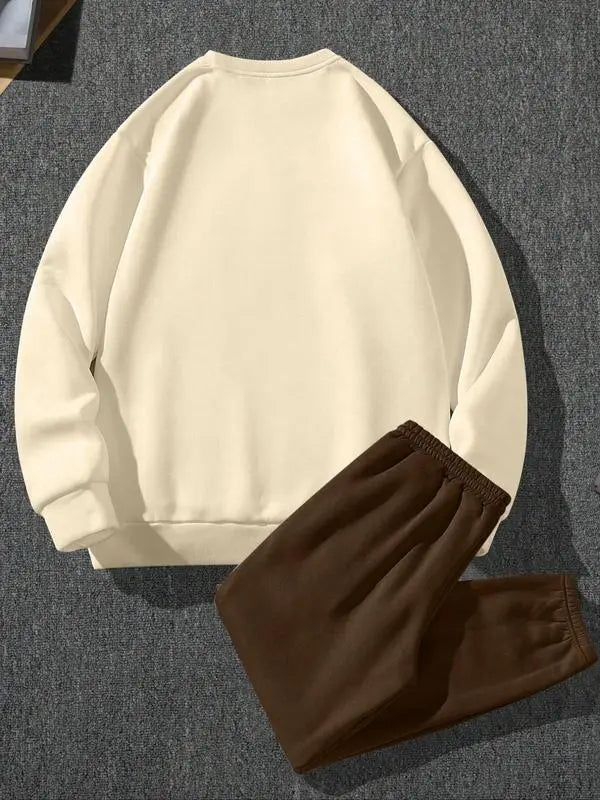Two-Piece Set Men's Patchwork Drop Shoulder Pocket Sweatshirt & Letter Print Drawstring Sweatpants