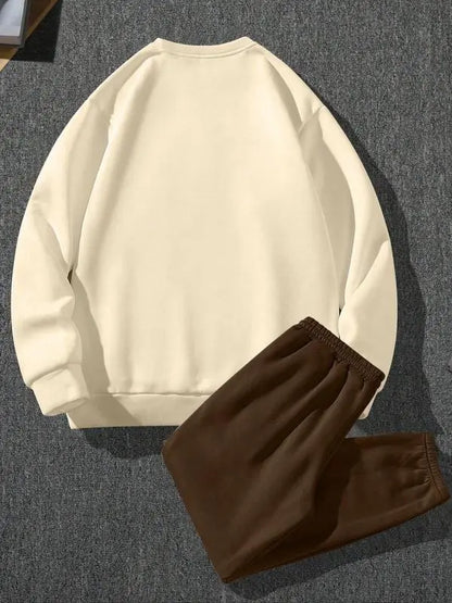 Two-Piece Set Men's Patchwork Drop Shoulder Pocket Sweatshirt & Letter Print Drawstring Sweatpants