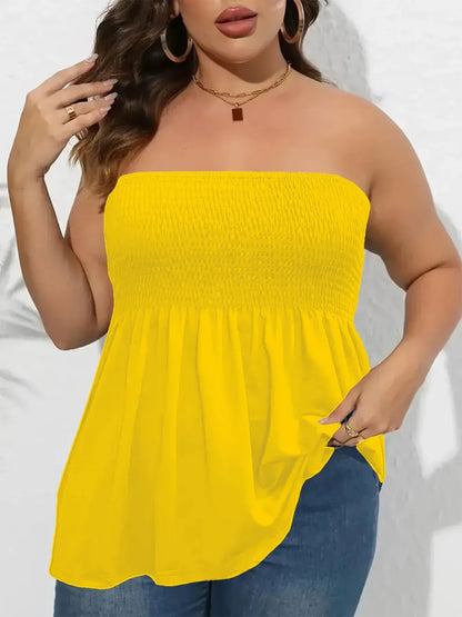 Plus Size Solid Ruffle Hem Shirred Tube Top, Boho Fashion Chic Style Tops