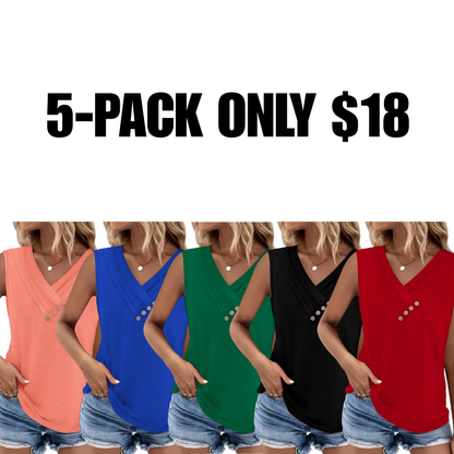 Women Summer Button Down V Neck T Shirts Sleeveless Loose Fit Fashion Tops