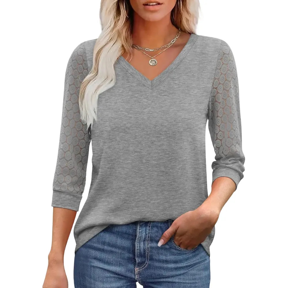 3/4 Long Sleeve V-Neck Lace Tunic