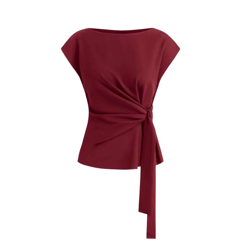 Womens Tops  Cap Sleeve Crew Neck Tie Waist Blouses