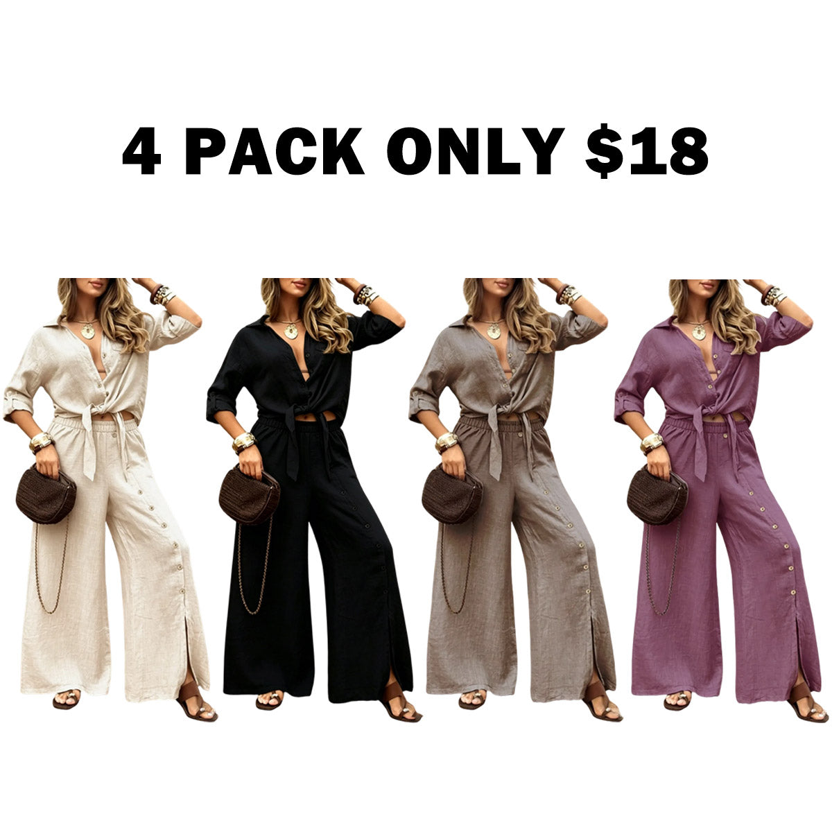 Women's Long Sleeve Loose Fit Shirt Set with Tie Hem