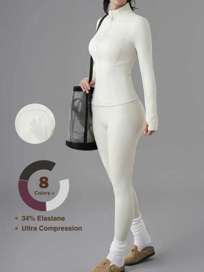 Solid Zip Up Jacket & High Waist Leggings Tracksuit Set