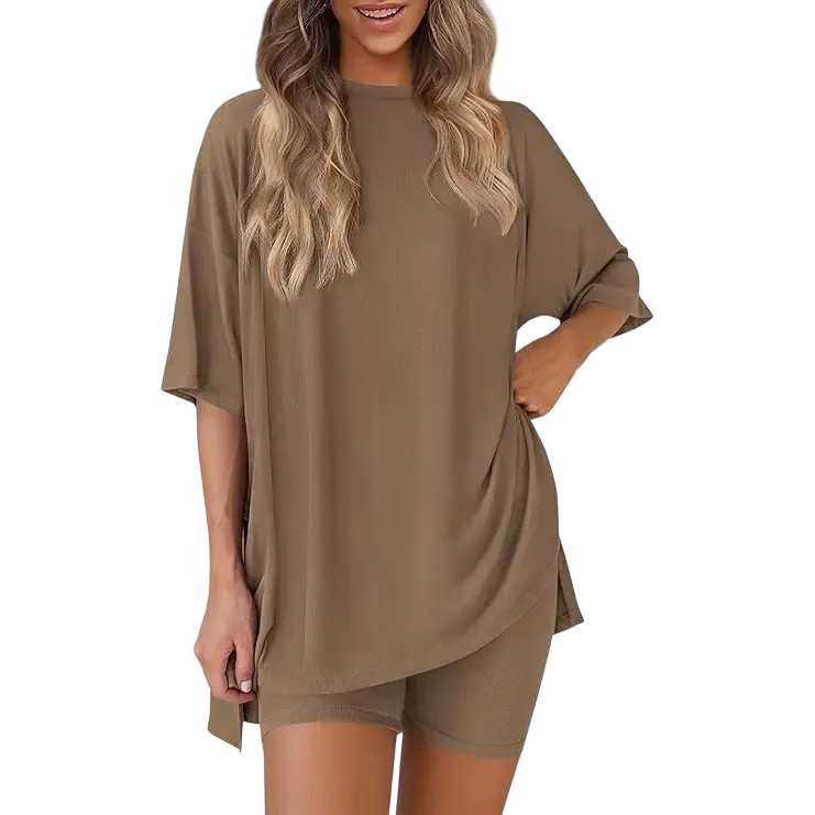 Women's two-piece set: slit-hem shirt paired with shorts