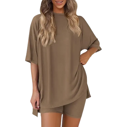 Women's two-piece set: slit-hem shirt paired with shorts