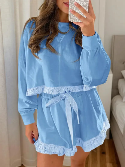 Women's 2 Piece Lounge Sets Ruffle Color Block Cropped Sweatshirts