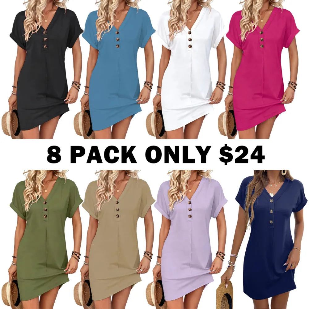 Women's Plain Button V Neck Tee Dress