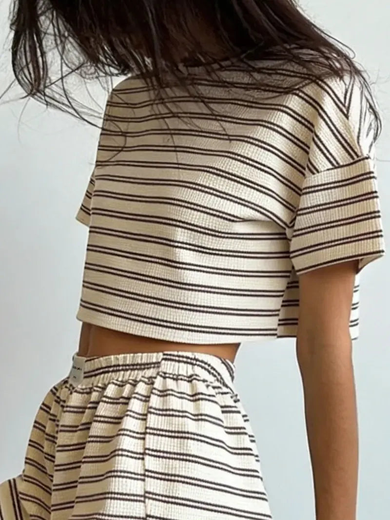 Women's Striped Print Drop Shoulder Tee & Wrap Split Shorts Pyjama Set