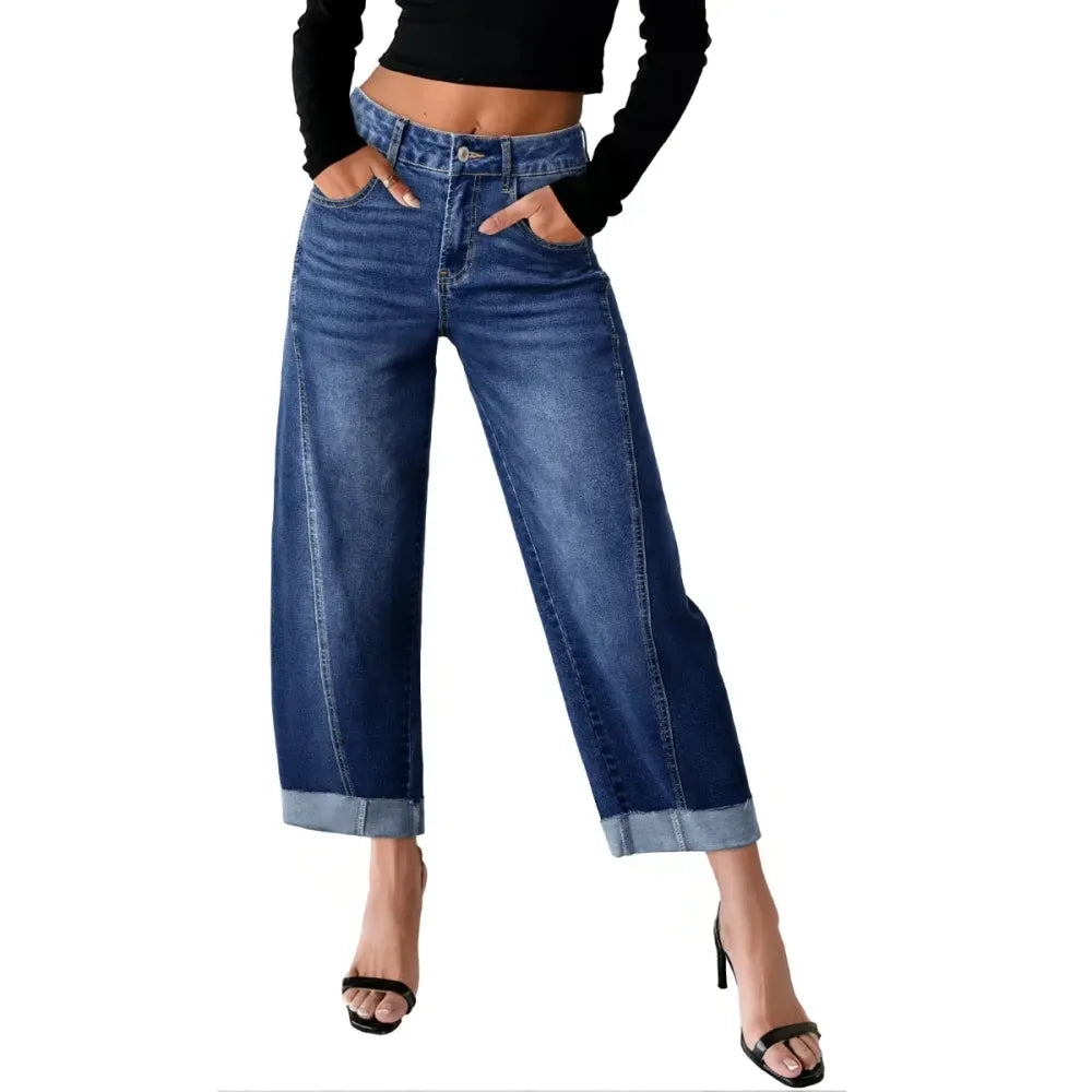 Women's High Waisted Wide Leg Cropped Denim Jeans