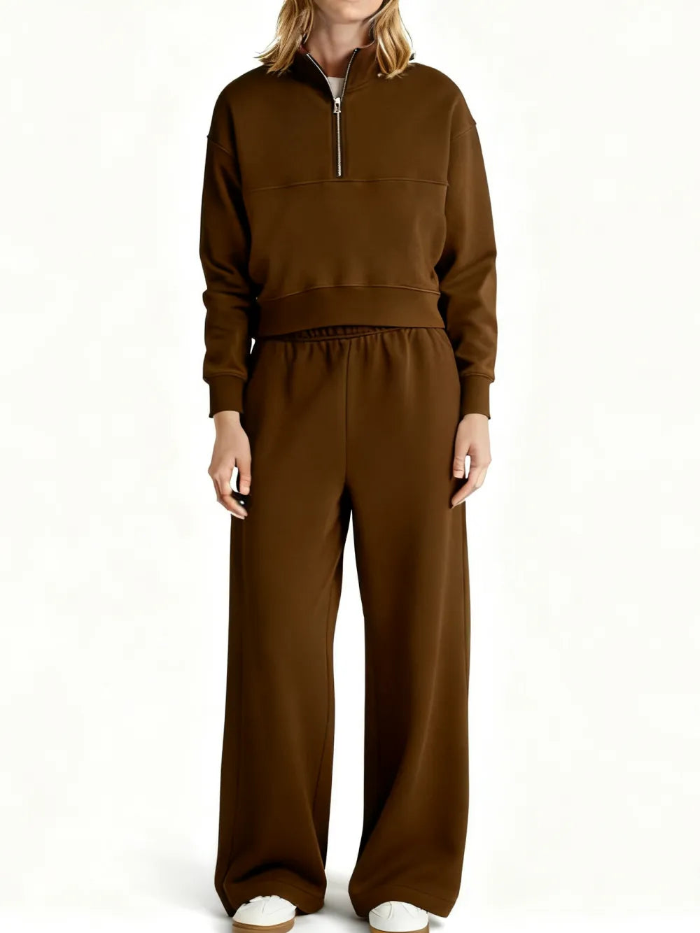 Fleece Half Zip Pullover & Cargo Wide-Leg Pants 2-Piece Set
