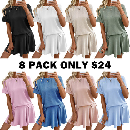 Women's 2 Piece Sets Ribbed Knit Short Sleeve Tops & Lined Pleated Mini Skirt Lounge Sets