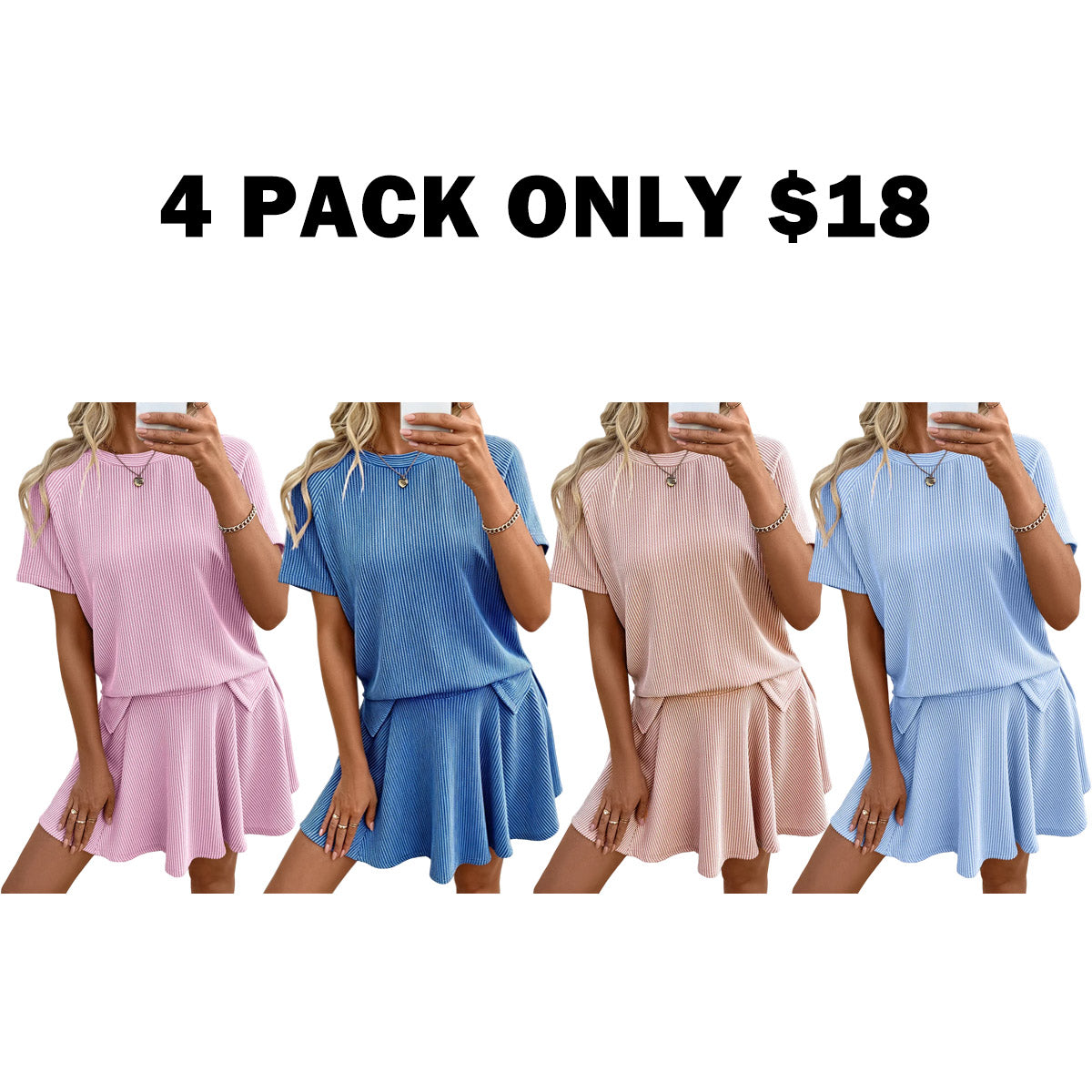 Women's 2 Piece Sets Ribbed Knit Short Sleeve Tops & Lined Pleated Mini Skirt Lounge Sets