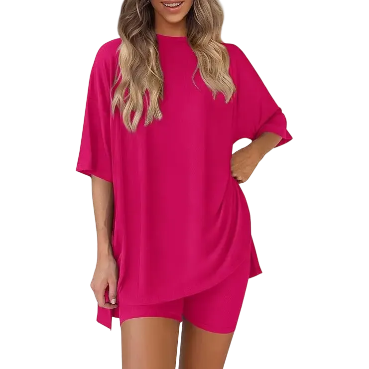 Women's two-piece set: slit-hem shirt paired with shorts