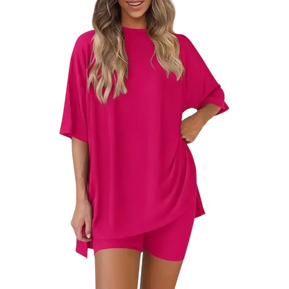 Women's two-piece set: slit-hem shirt paired with shorts