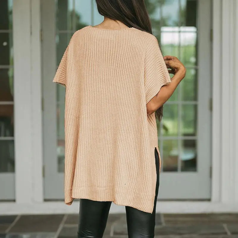 Women’s Oversized Knit Top – Casual Crew Neck Short Sleeve Sweater with Side Slit