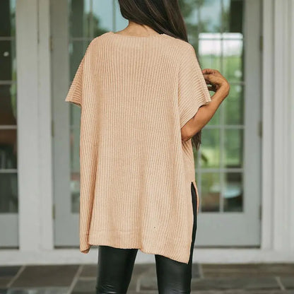 Women’s Oversized Knit Top – Casual Crew Neck Short Sleeve Sweater with Side Slit