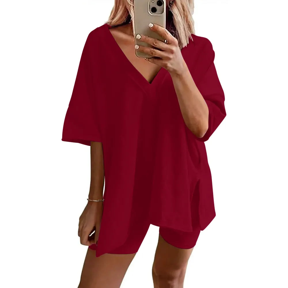 Women's Two-Piece Pajama Set Casual Oversized V Neck Split Hem Shirts