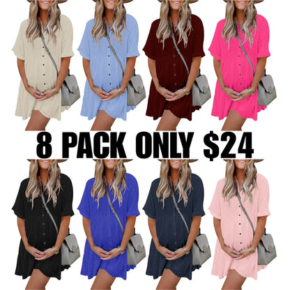 Babydoll Dress for Women Short Sleeve Button Down Textured Non-clingy Loose Fit Flowy Mini Dress with Pockets