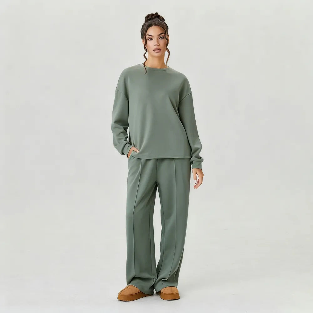 Women's Cozy Round Neck Top & Wide Leg Trousers Two Piece Outfits